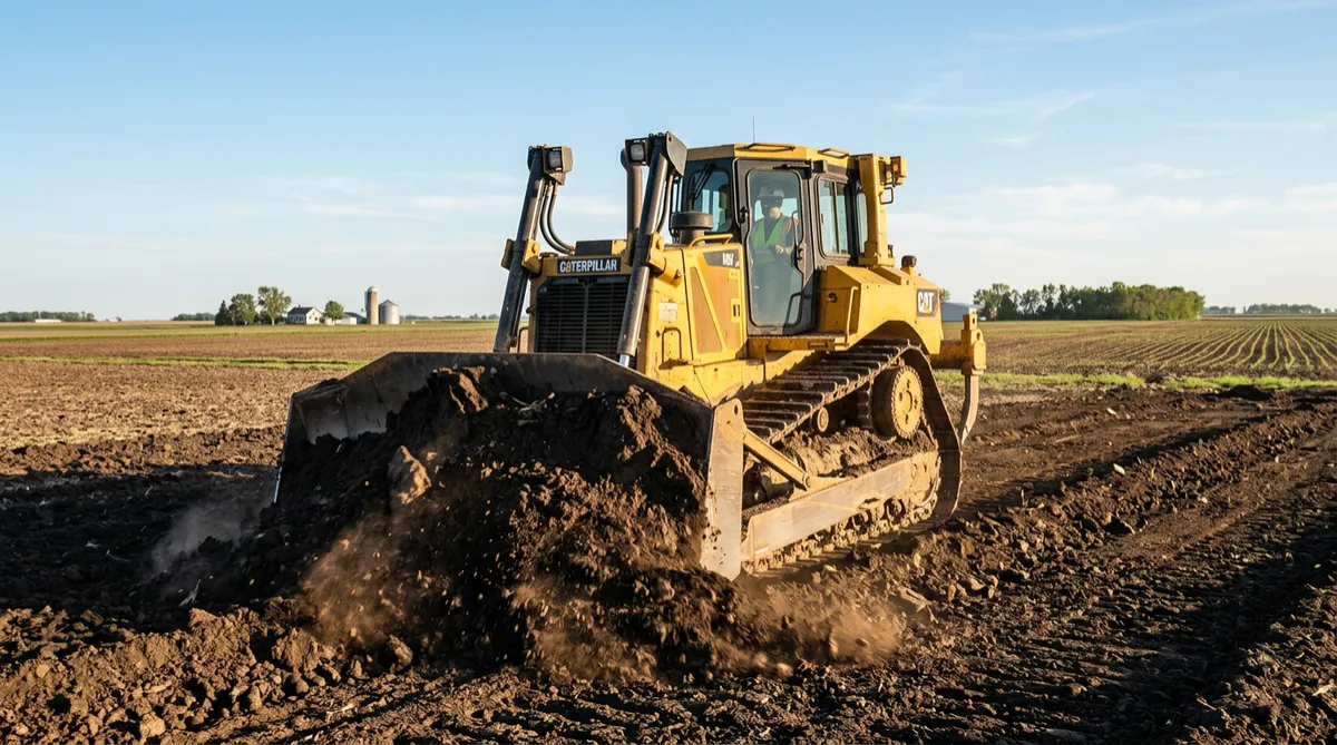 Heavy bulldozer conducting mass earthwork and rough grading on Midwest flat terrain