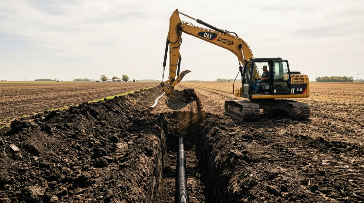 Pattern agricultural tile installation plough working in dark Illinois farm soil