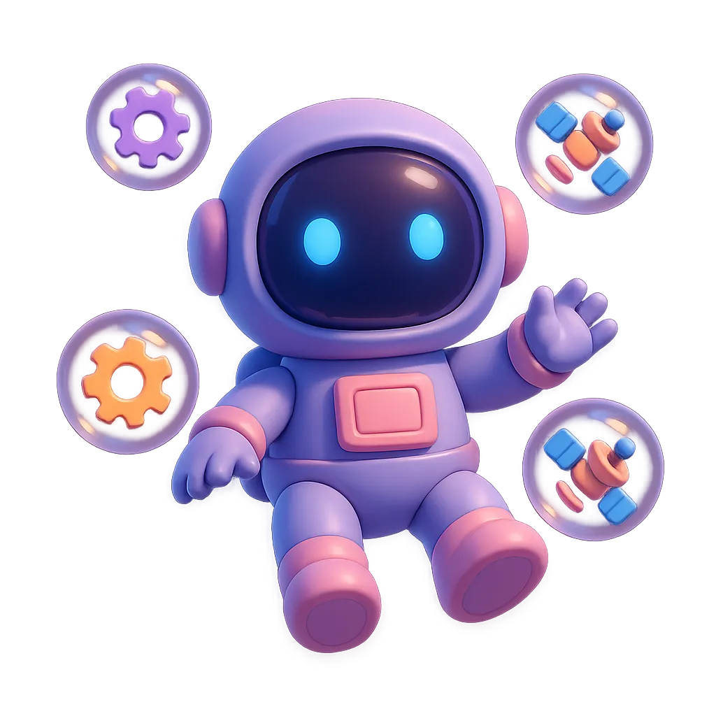 Floating lost robot surrounded by bubbly tech icons in a 3D isometric style