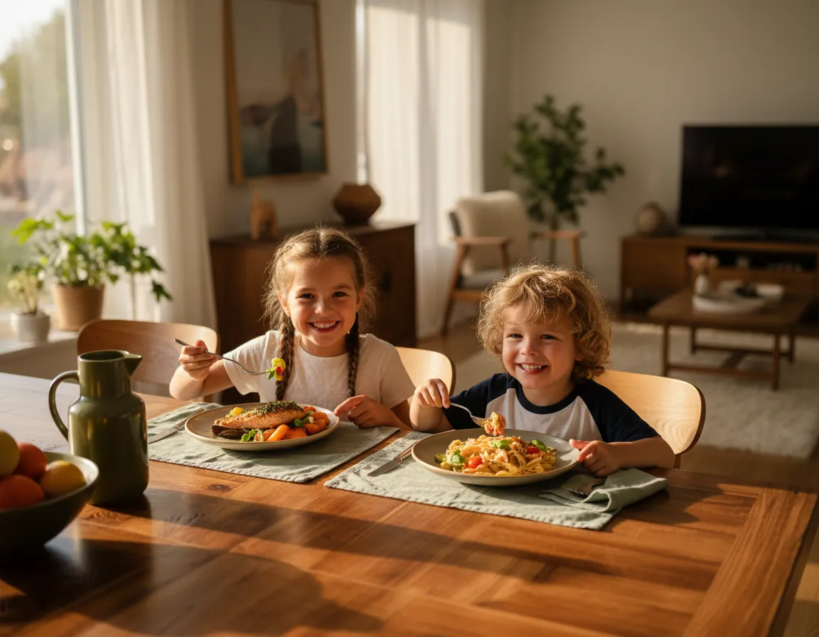 Children enjoying a beautifully prepared dinner at home