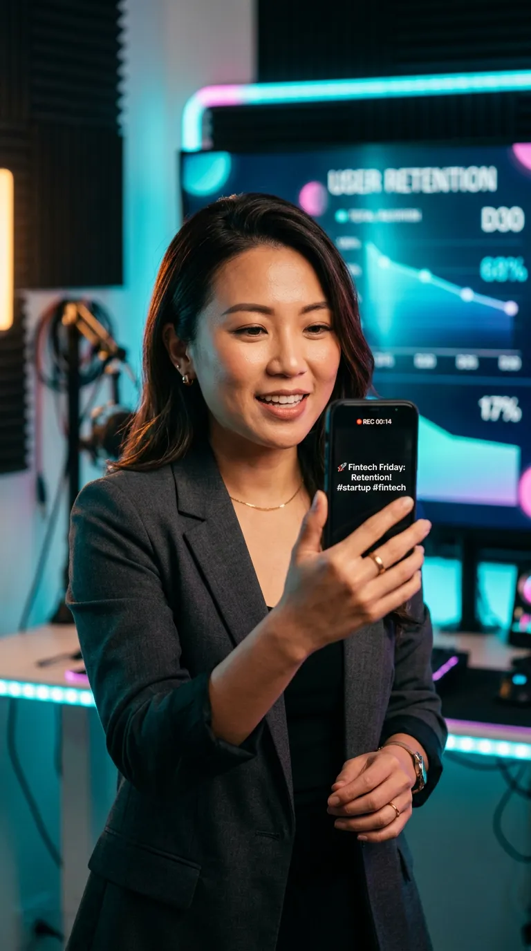 Fintech founder personal brand TikTok video snapshot with high retention stats