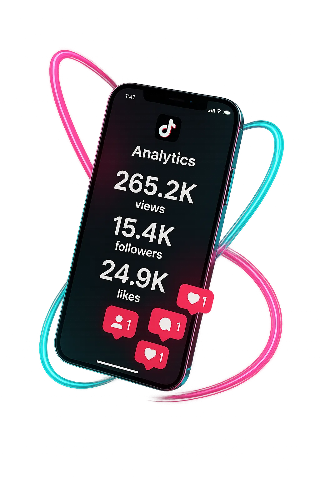 Floating smartphone mockup showing viral TikTok analytics and notification surge