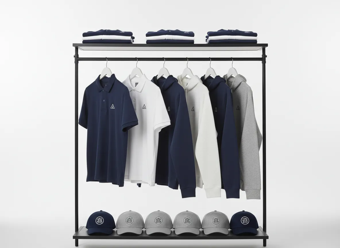 Branded apparel including embroidered polos, hoodies, and caps hanging on a rack