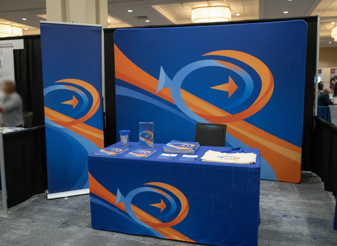 Trade show table with branded tablecloth, retractable banner, printed brochures and swag items