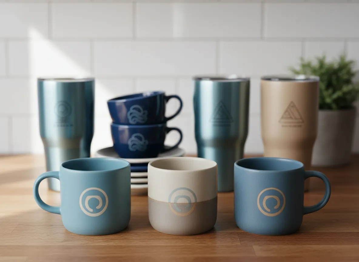 Branded mugs and stainless tumblers with company logos displayed on a counter