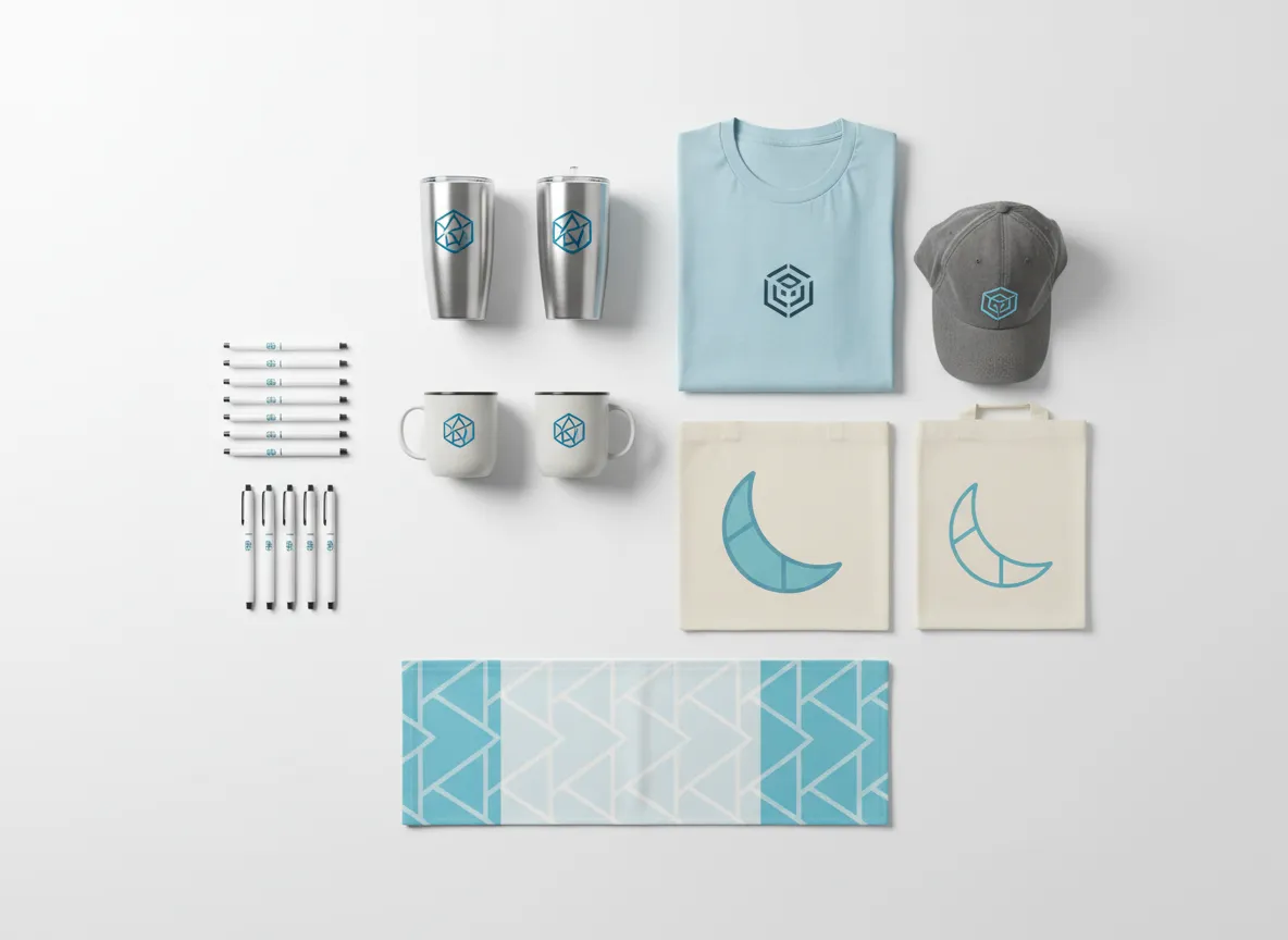 Selection of branded promo products like mugs, pens, tote bags, and apparel laid out on a table