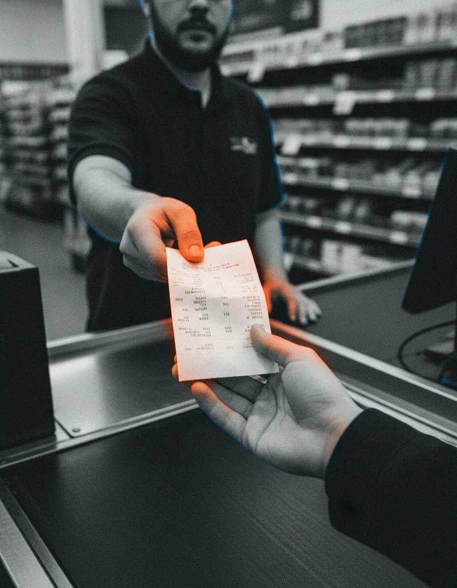 Grocery receipt in customer hand acting as a local ad
