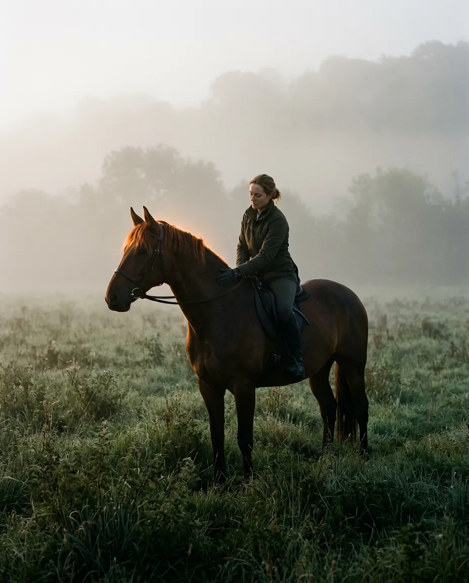 A contemplative equestrian in soft morning natural light standing quietly alongside a horse