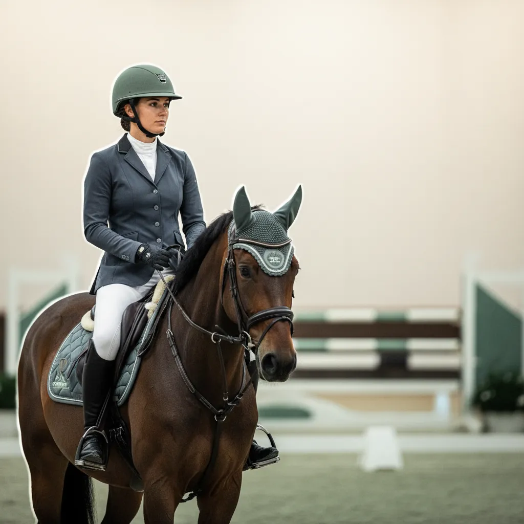 A focused equestrian competitor sitting thoughtfully near the warm-up ring