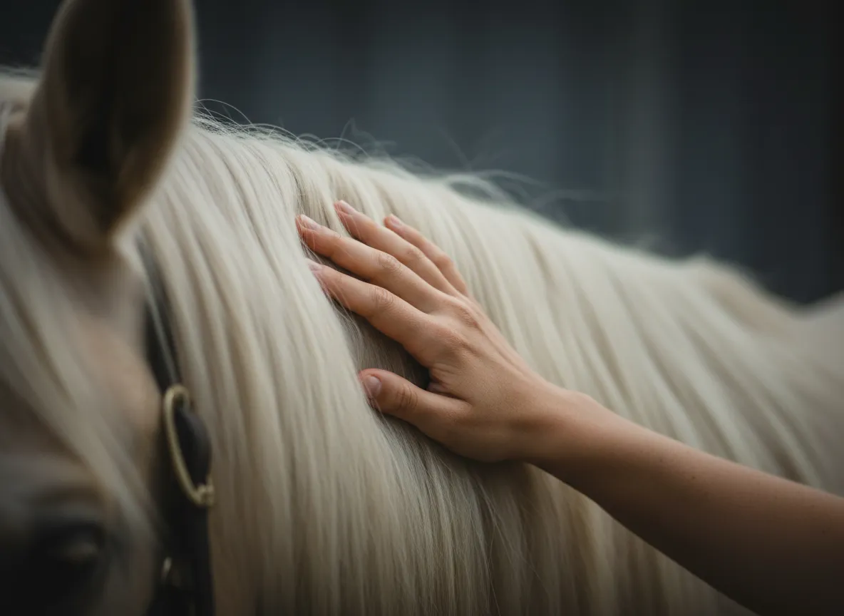 An intimate, emotional close-up of a rider gently resting their forehead against their horse in a quiet, non-judgmental moment