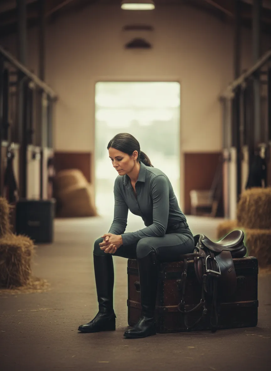 Pensive adult rider sitting near an arena, reflecting before getting back in the saddle.