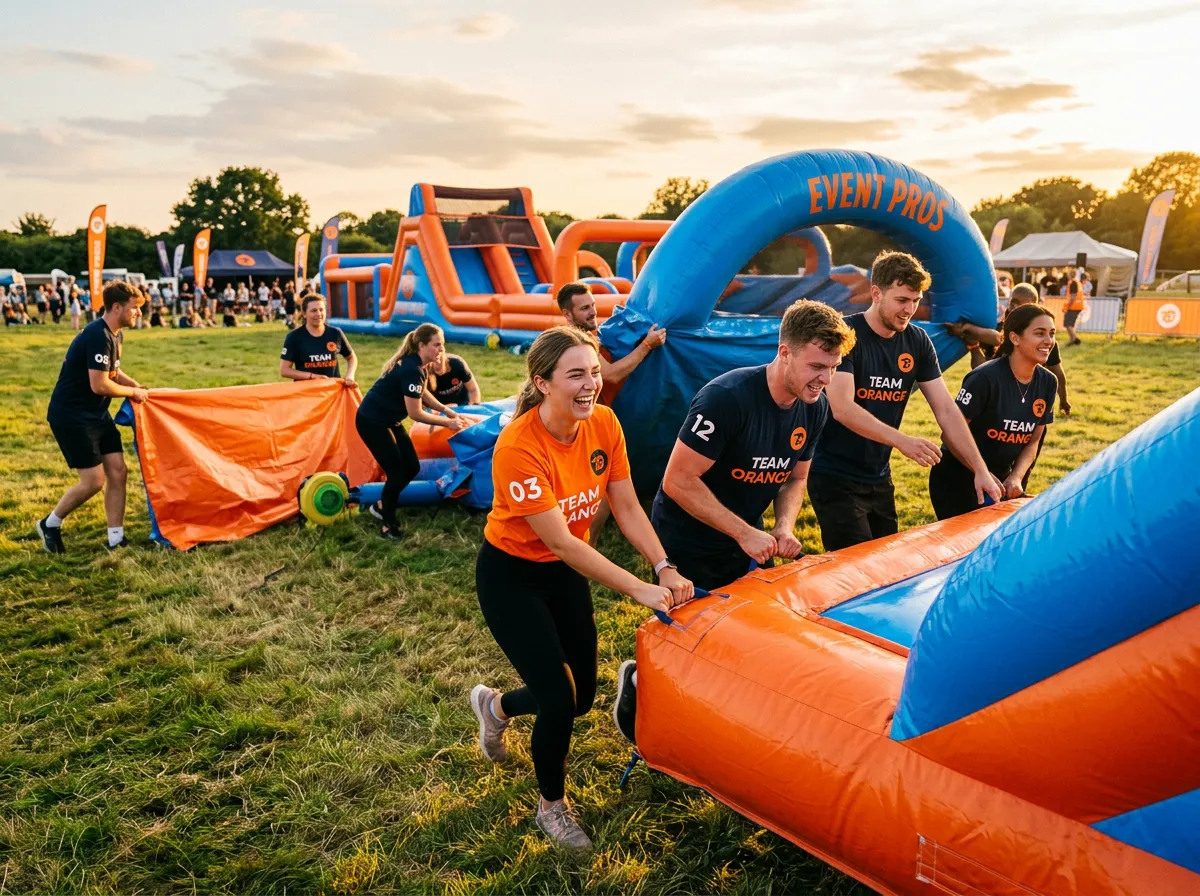 Active outdoor team setting up inflatables and enjoying the sunshine