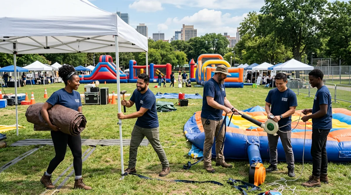 City festival / school field day with inflatables and tents, featuring a diverse multi-racial professional crew smiling while actively setting up equipment.