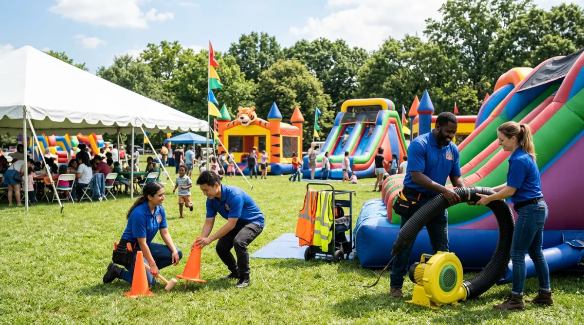 City festival / school field day with inflatables and tents, featuring a diverse multi-racial professional crew smiling while actively setting up equipment
