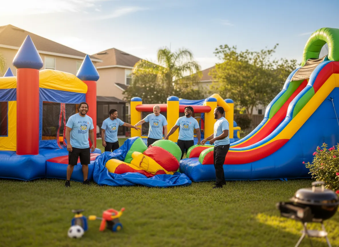ALL IN 1 BOUNCE team setting up inflatable bounce houses at an event