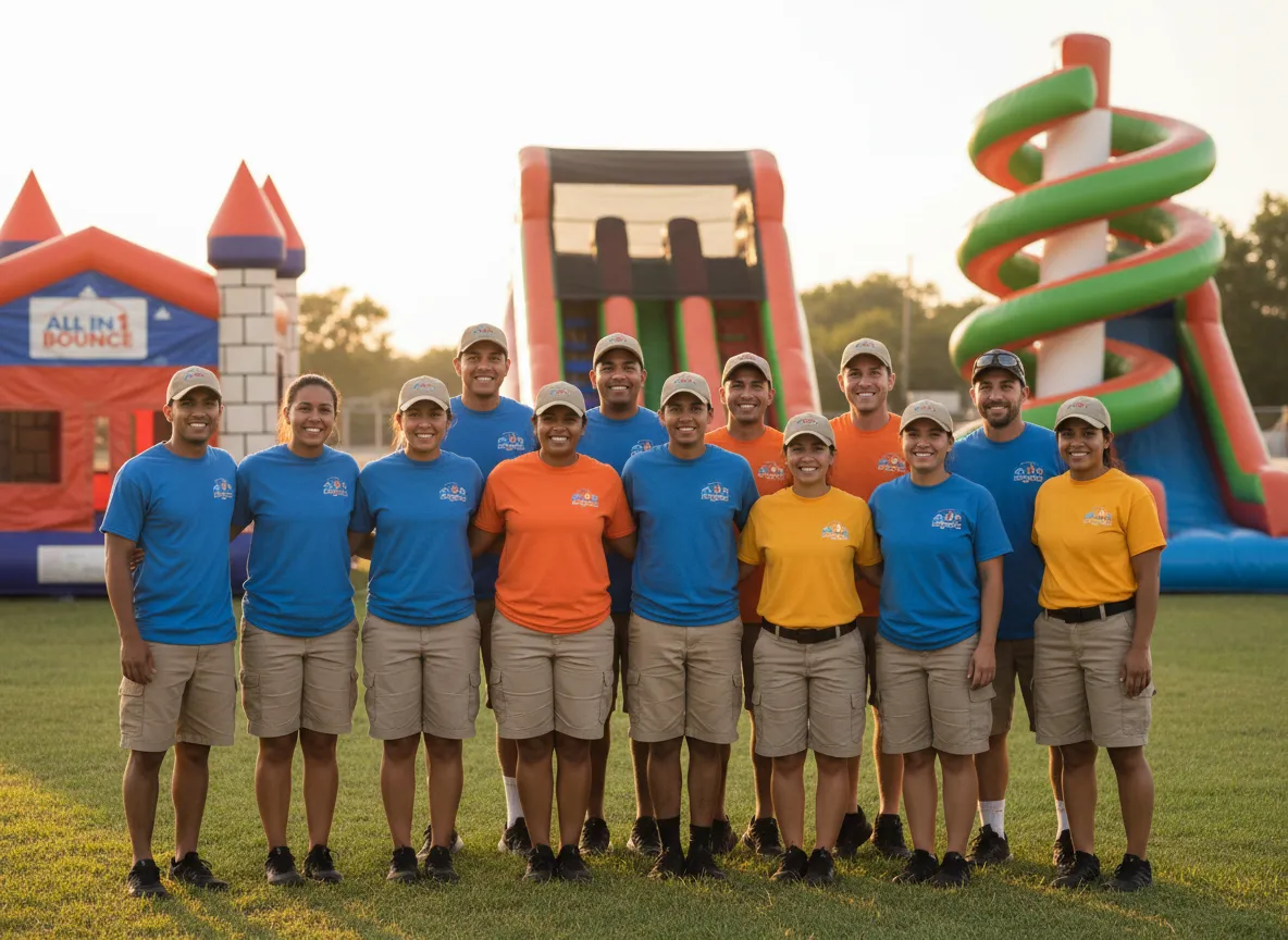 Smiling ALL IN 1 BOUNCE staff posing in front of inflatables