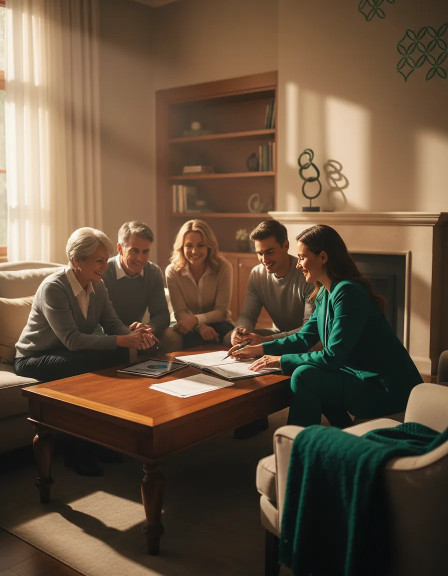 Insurance advisor reviewing policy documents with a family