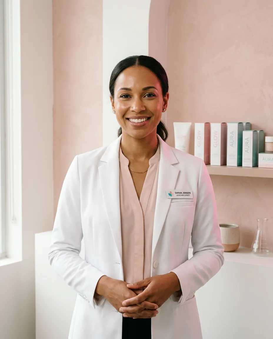 Kirsten Cottrell in modern clinical aesthetician attire, smiling warmly in her science-forward skincare studio