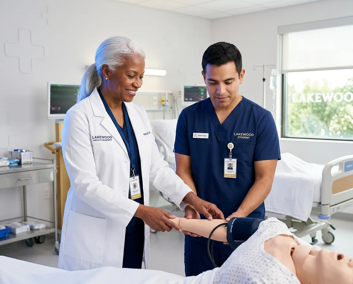 Clinical instructor guiding a healthcare student in Lakewood facility