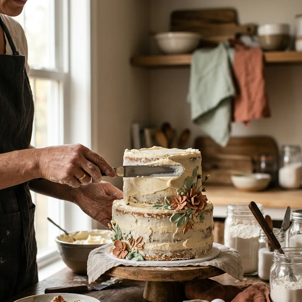 Artisan baker frosting a custom celebration cake with fresh floral details in Bloomfield