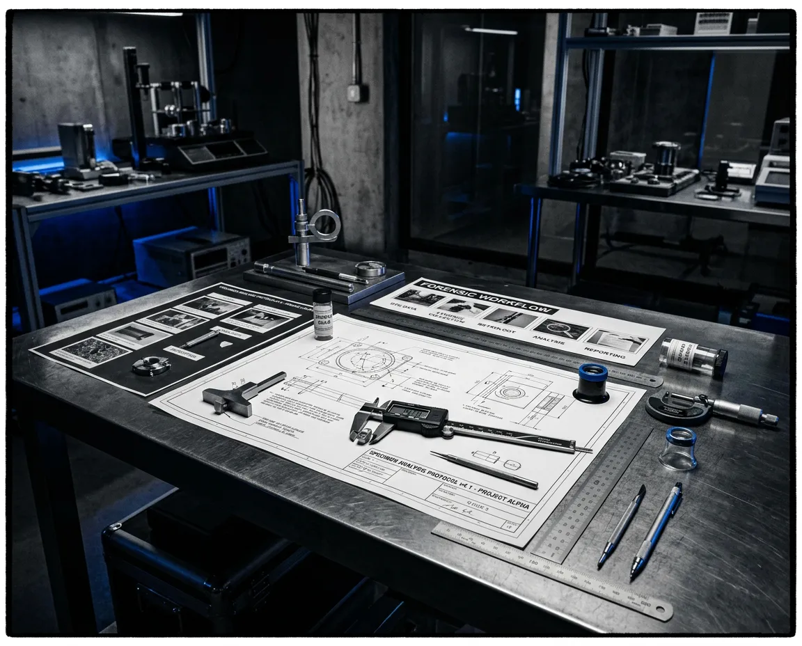 Technical blueprint schematic and forensic inspection workflow interface showing precision field claims analysis