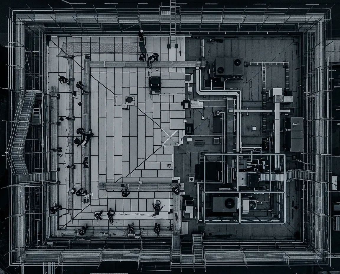 Technical aerial roof geometry schematic and automated restoration operations schedule layout