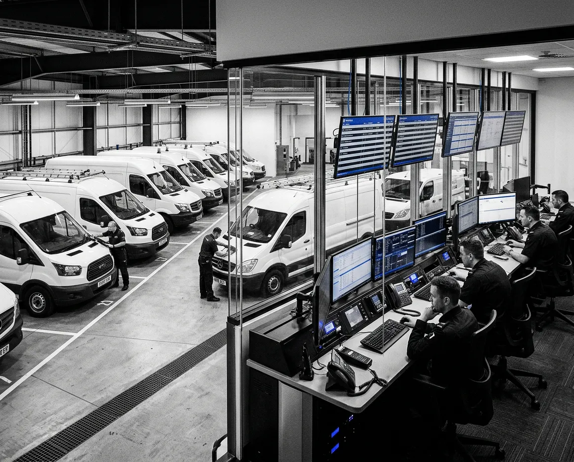 Desaturated technical dispatch console and multi-unit field asset telemetry dashboard