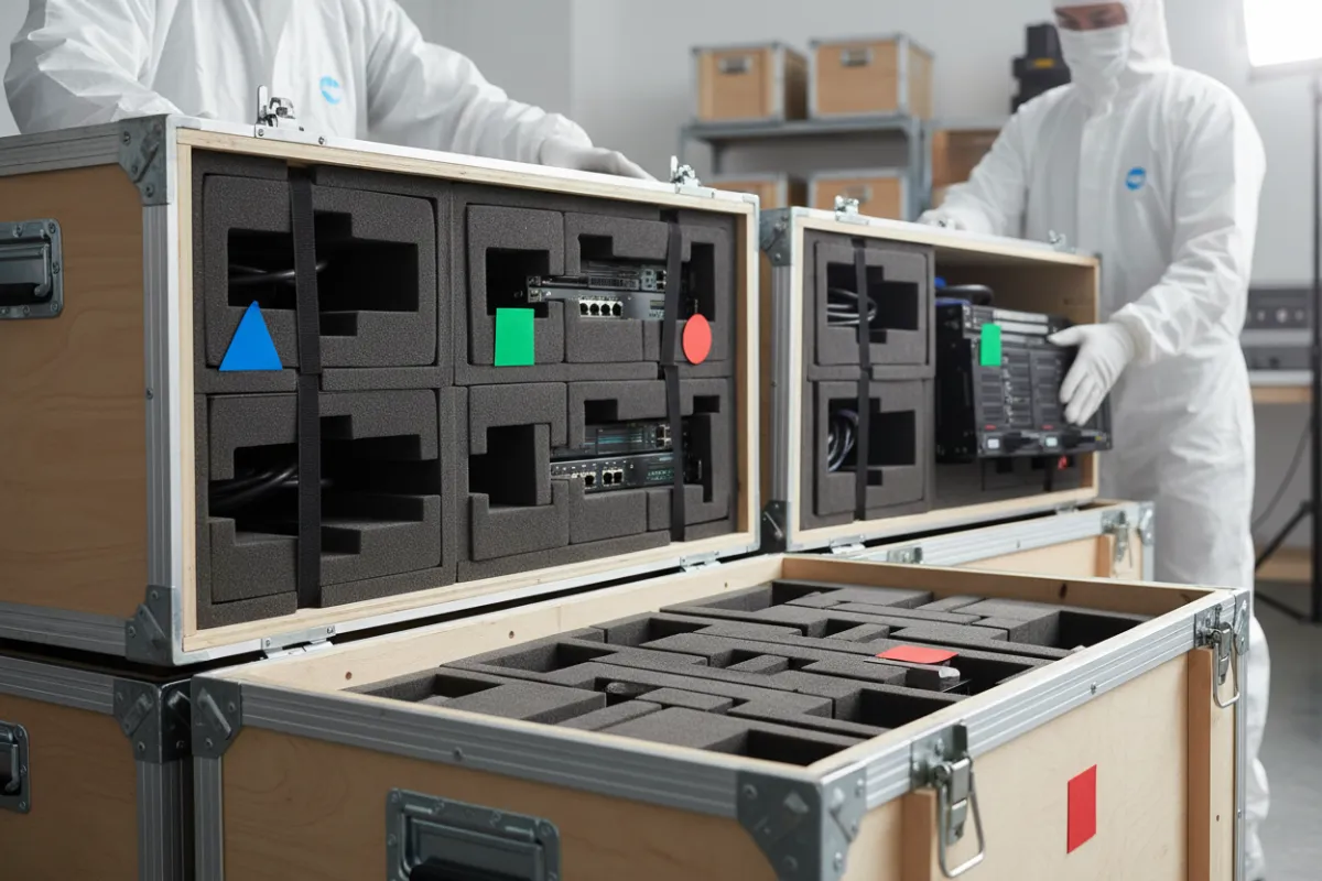 Technicians securing IT equipment into custom crates with detailed labels and padding.