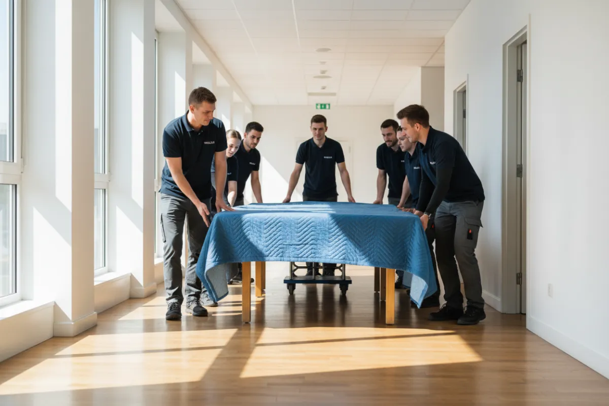 Wellen crew maneuvering a conference table down a hallway with protective blankets.