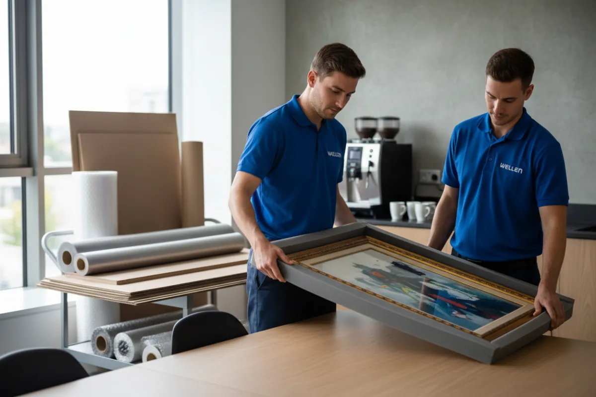 Uniformed packers carefully wrapping framed artwork in protective foam in an office.
