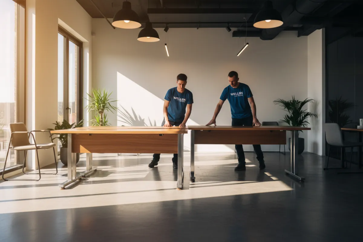 Moving crew using furniture sliders to move heavy desks in a modern office.
