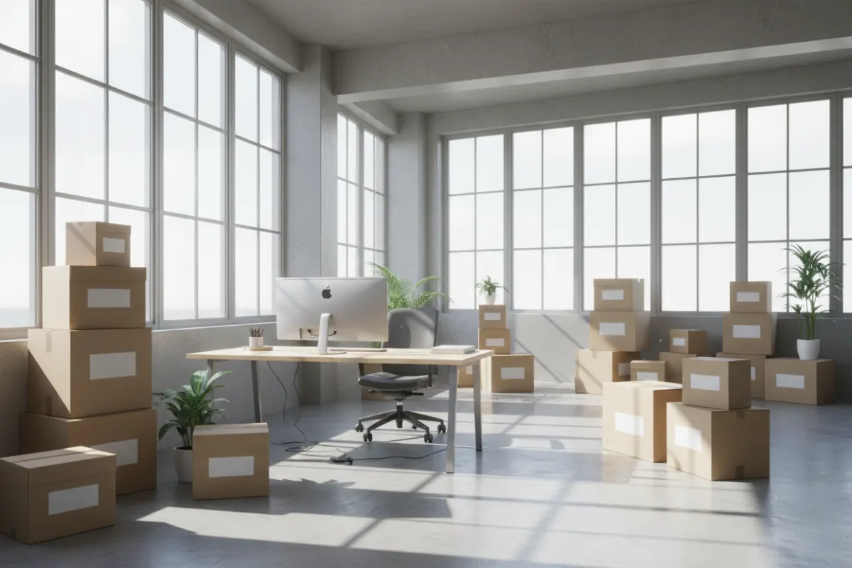 Transitioned office space with labeled boxes and new workstations in natural window light.
