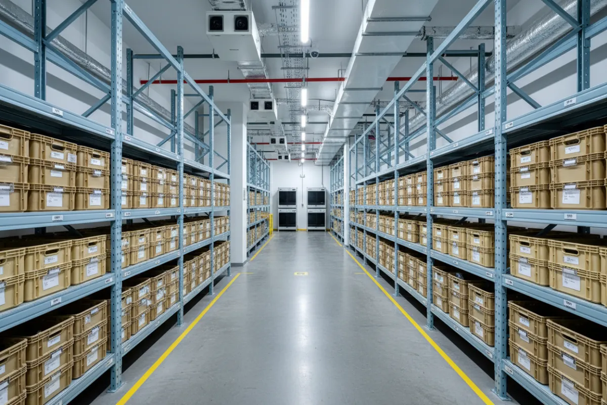 Climate-controlled storage facility aisle with labeled crates and pallet racking.