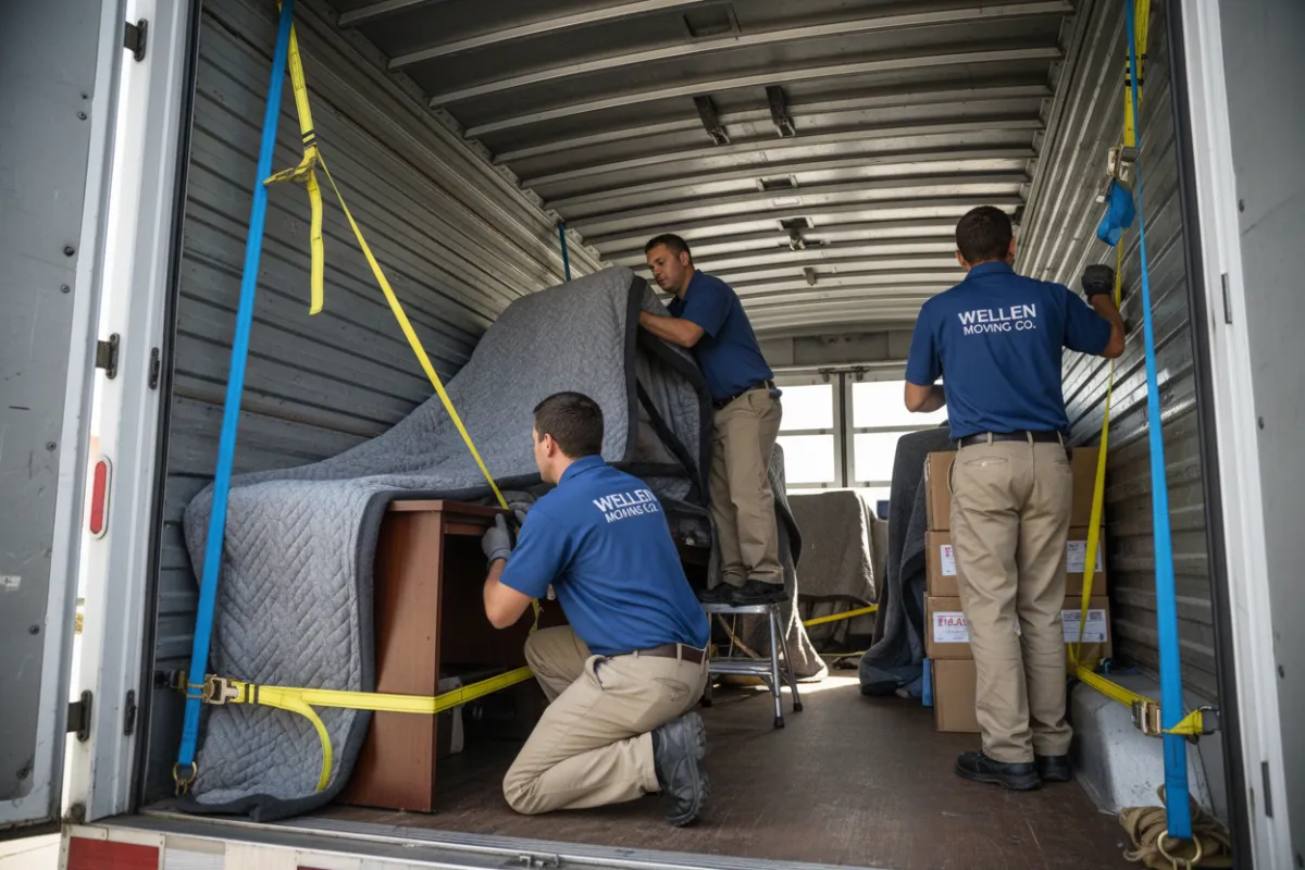 Wellen crew securing office furniture in transit with protective straps inside a moving van, emphasizing safety and order.