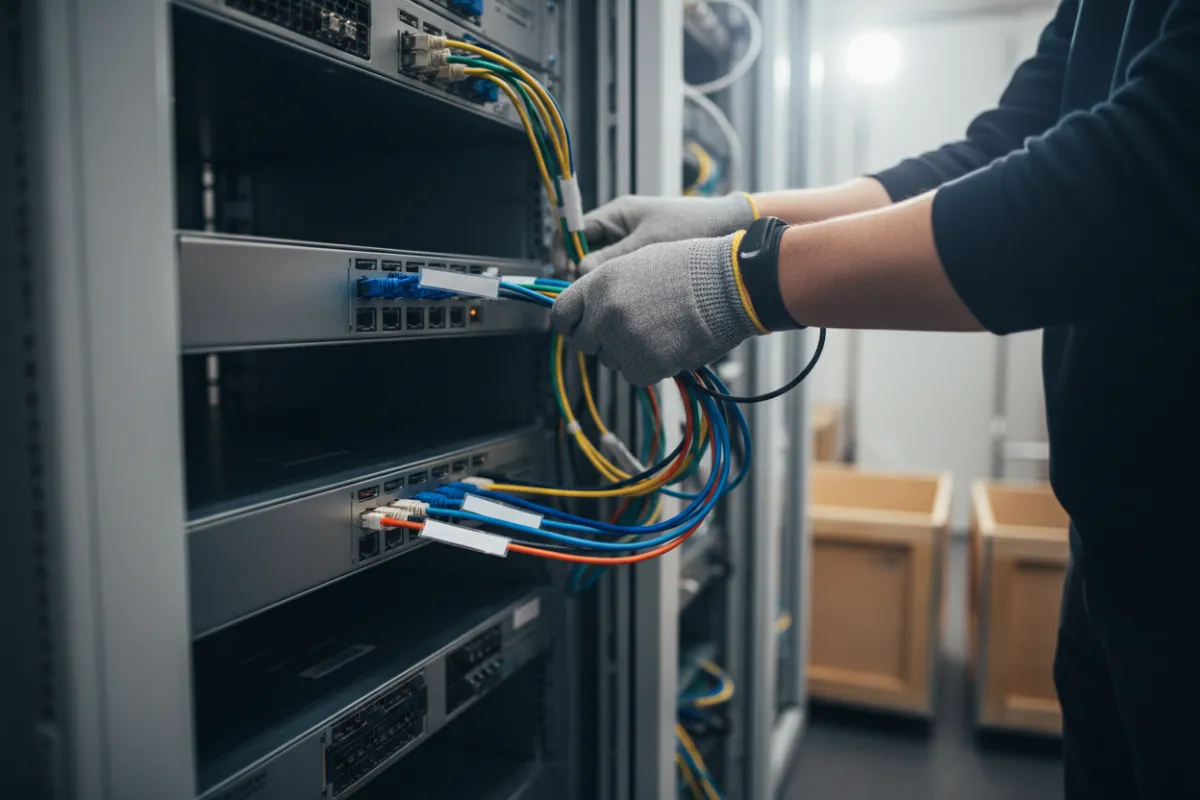 IT technician disconnecting labeled servers before crating, with focused lighting on equipment.