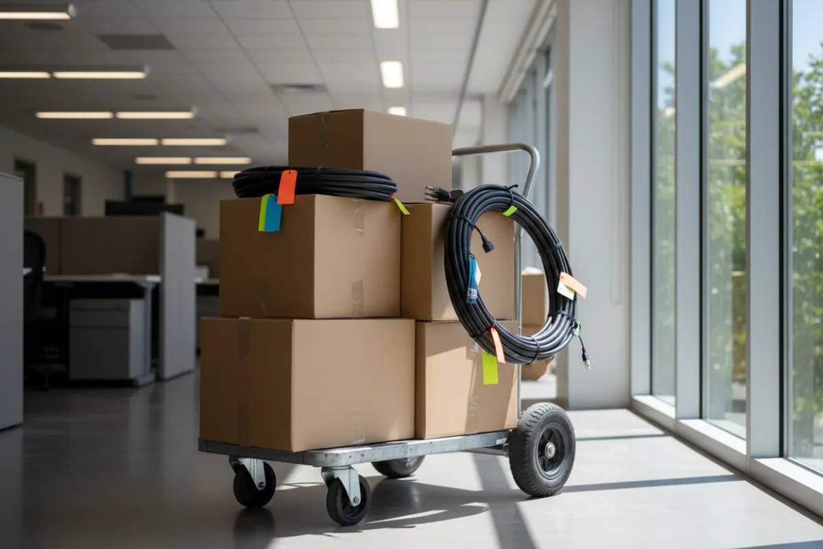 Packed office boxes and labeled cables on a dolly in a bright office corridor, showing preparation for a move.
