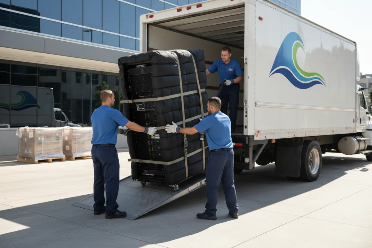 Commercial movers loading a company server rack into a branded truck at a loading dock.
