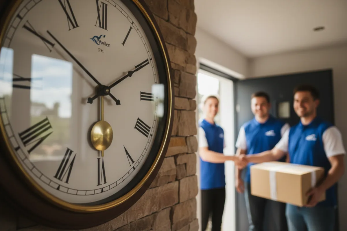 Clock-on-wall motif with Wellen team in the background finishing a delivery on time, showing punctuality and friendly service.