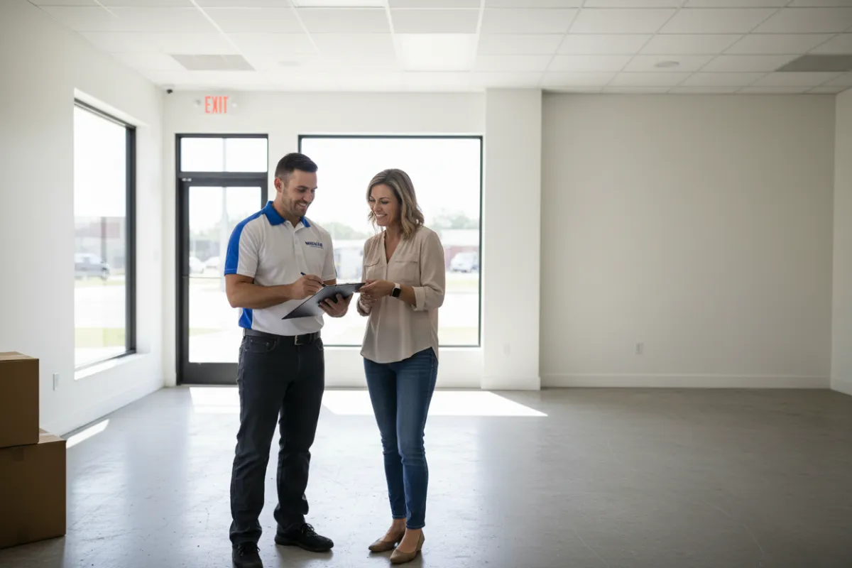 Moving supervisor reviewing a checklist with a small-business owner in an empty retail space.