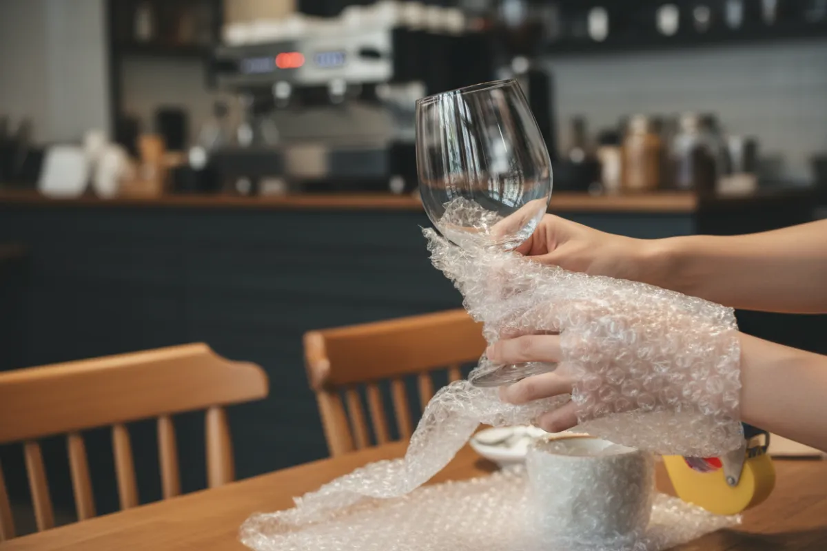 Packers wrapping fragile glassware with bubble wrap on-site at a cafe before transport.