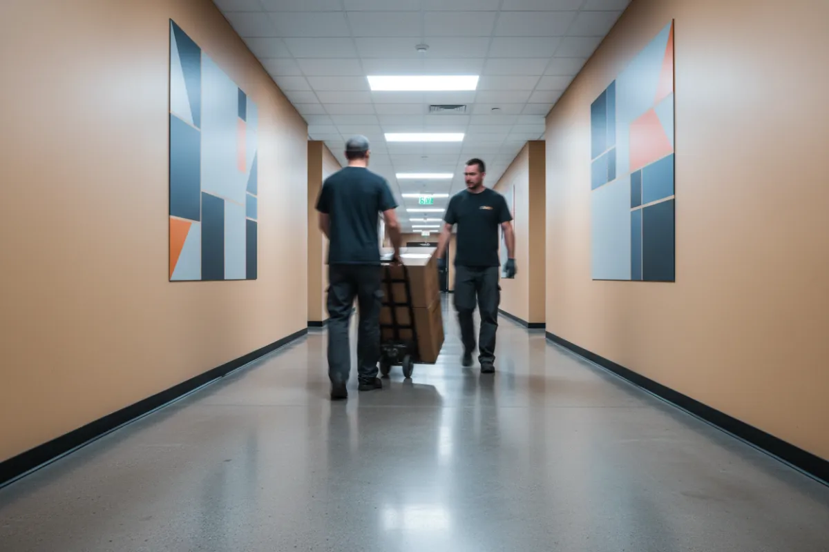 Movers rolling a dolly down a corridor past signage, candid motion.