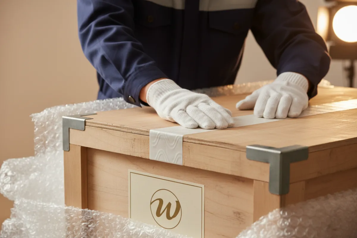 Wellen mover carefully sealing a labeled archive crate, emphasizing attention to detail and protective materials.