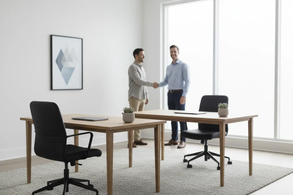 After photo of a freshly set up small office with desks, chairs, and a satisfied client.