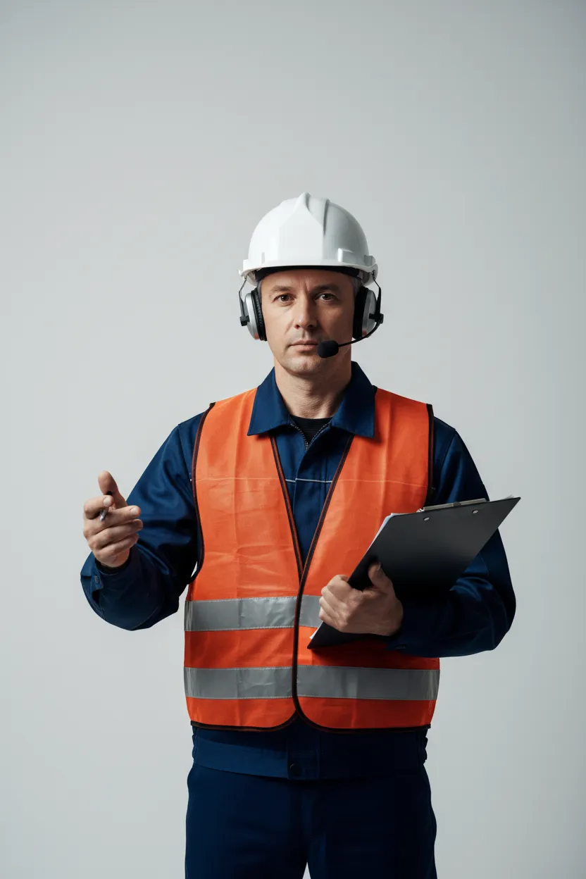 Supervisory mover with clipboard and headset, conveying leadership and coordination.