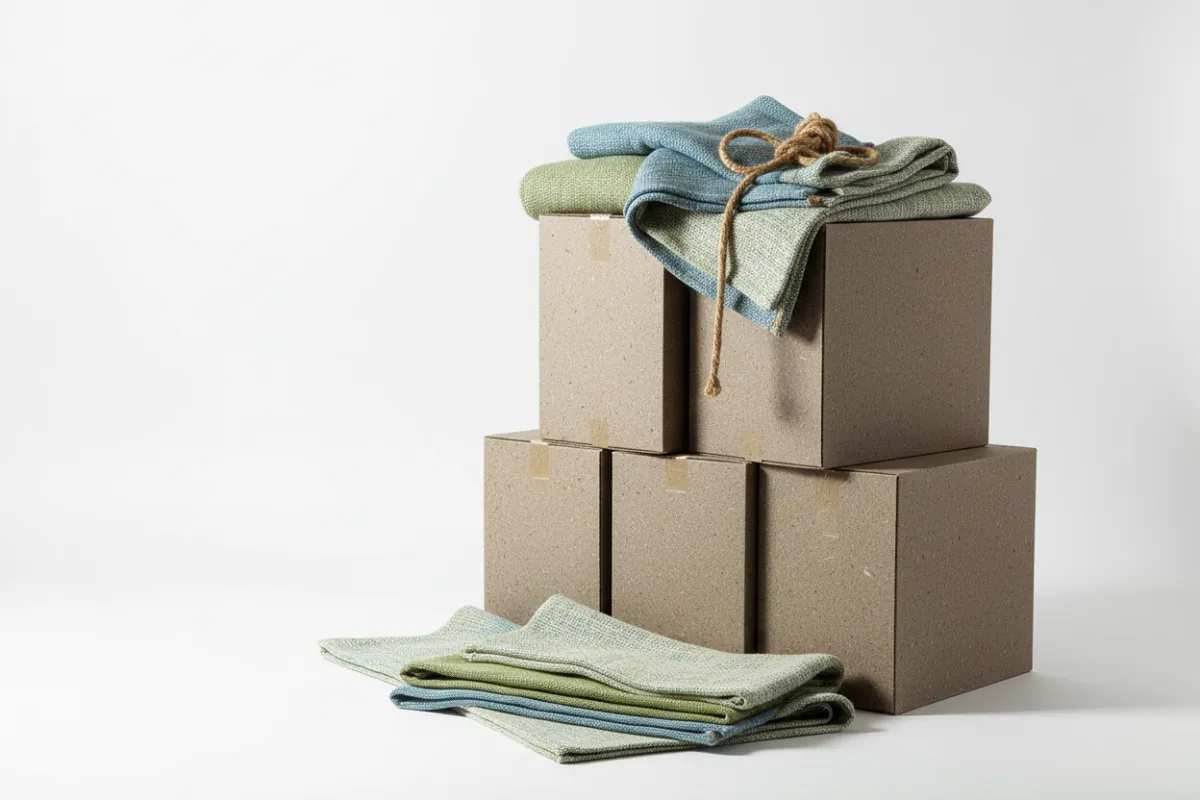 Stack of recycled moving crates and soft-blanket packing set on white background.