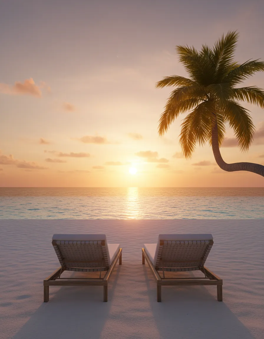 Aspirational tropical beach setting with turquoise waters and white sand