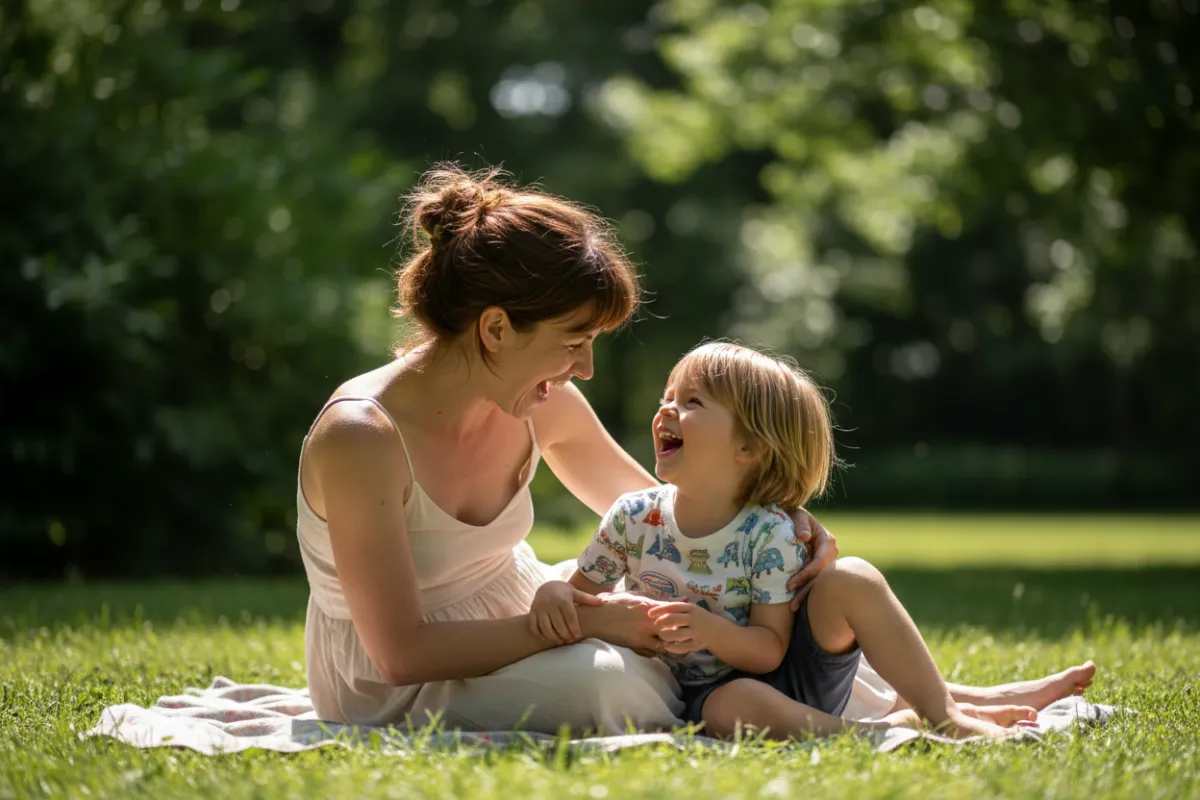 A candid moment of a mother and her child laughing together outdoors in a sunlit park, both relaxed and joyful. The background is lush green, with soft focus, highlighting their emotional connection and renewed energy.
