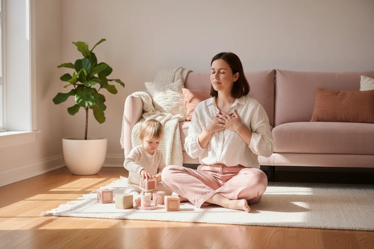 A mother in her early 30s with gentle features sits cross-legged on a sunlit living room floor, eyes closed, hands resting on her heart, with a young child quietly playing nearby. The scene radiates calm, warmth, and connection, using soft pink and cream tones for a nurturing, hopeful atmosphere.