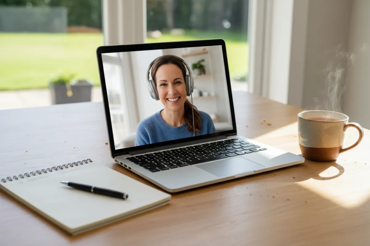 A close-up of a laptop open to a video call, with a smiling woman in her 40s wearing headphones, notebook and pen beside her, and a mug of tea. The setting is a bright kitchen table, conveying accessibility and supportive connection.