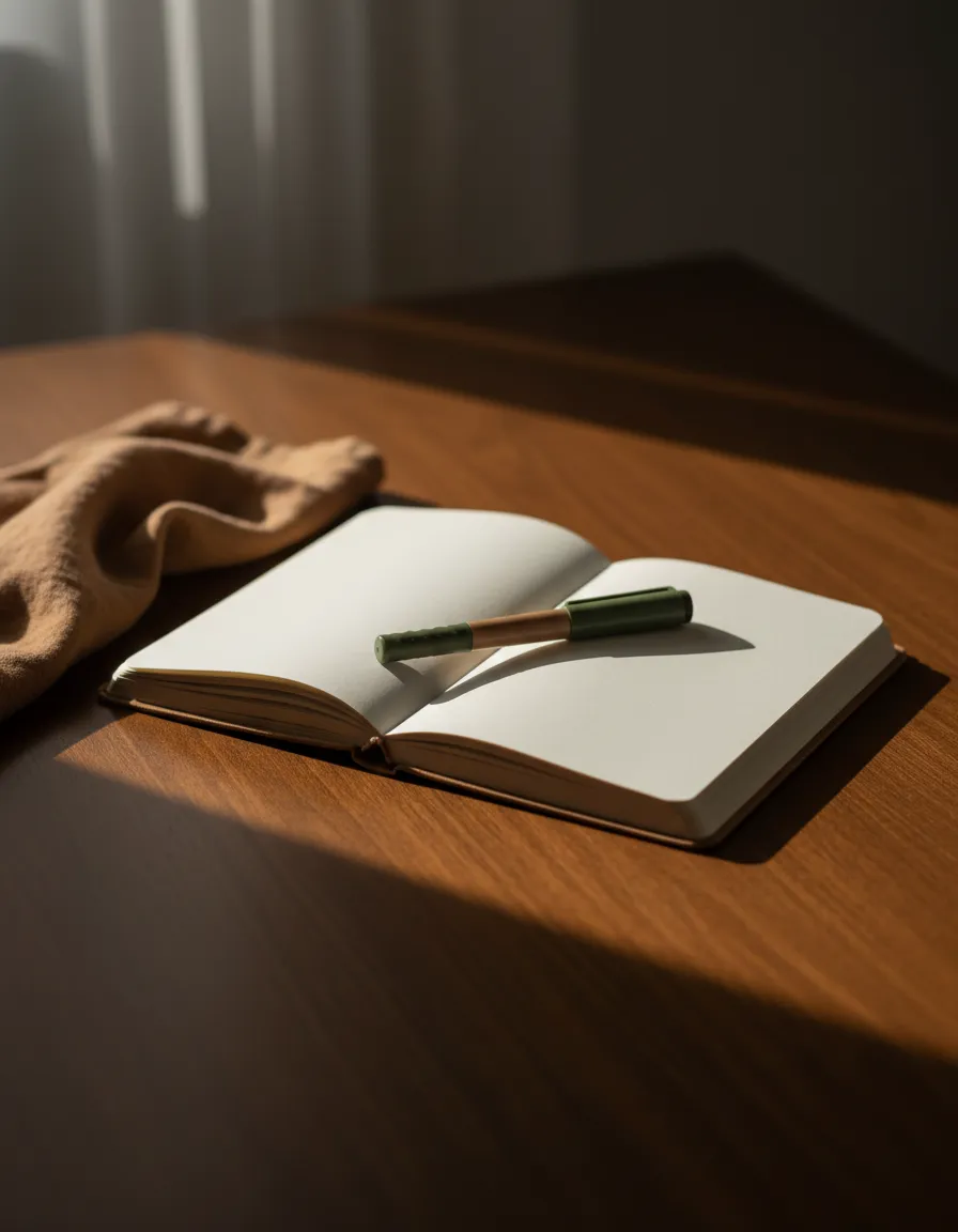 An open notebook resting on a quiet, softly lit desk